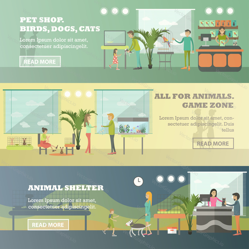 Vector set of pet store horizontal banners. Pet shop. Birds, dogs, cats, All for animals. Game zone and Animal shelter flat style design elements.