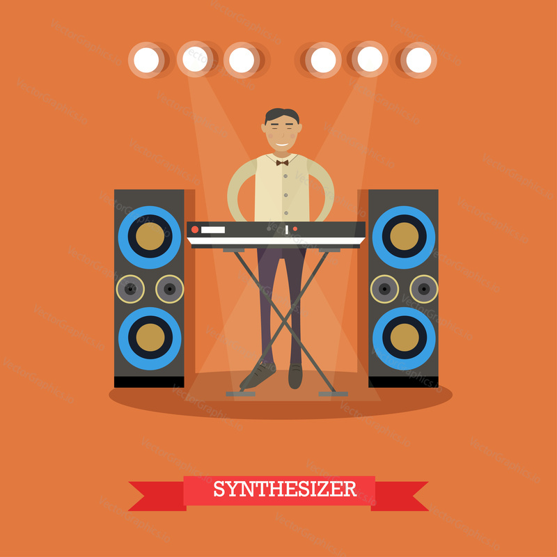 Vector illustration of young musician playing synthesizer. Pianist playing keyboard. Flat style design.