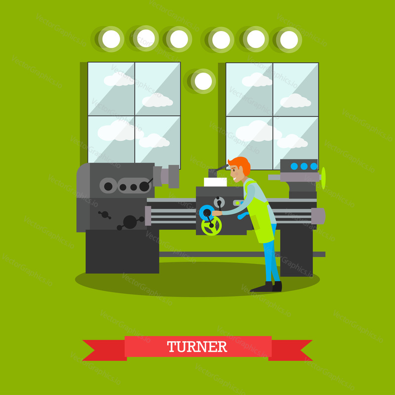 Vector illustration of factory worker using turning machine to make metal parts. Metalworking, turner concept design element in flat style.