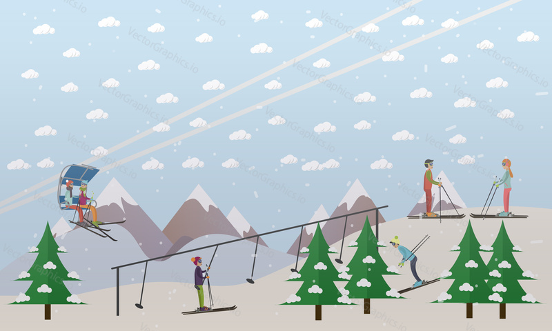 Векторная иллюстрация горнолыжных подъемников, кресельного подъемника и канатного буксира, поднимающих лыжников по склону. Горные лыжи, горнолыжный курорт. Элементы дизайна в плоском стиле для обслуживания подъемников.