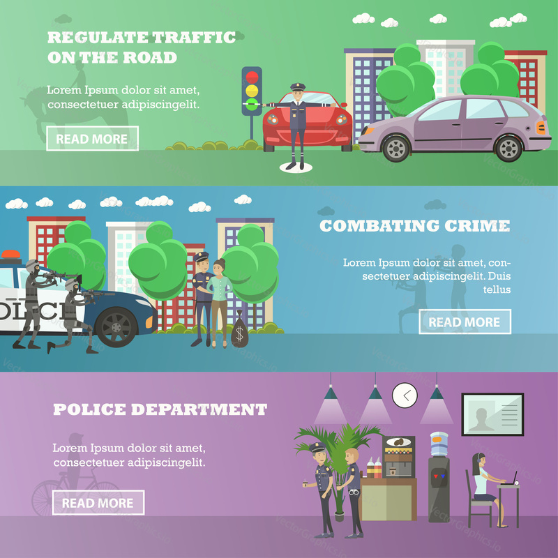 Vector set of police horizontal banners. Regulate the traffic on the road, Combating crime and Police department concept design elements in flat style.