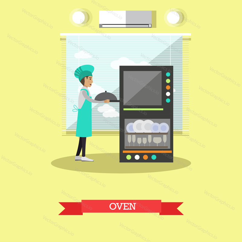 Vector illustration of cook male putting meal into the oven. Restaurant kitchen oven flat style design element.