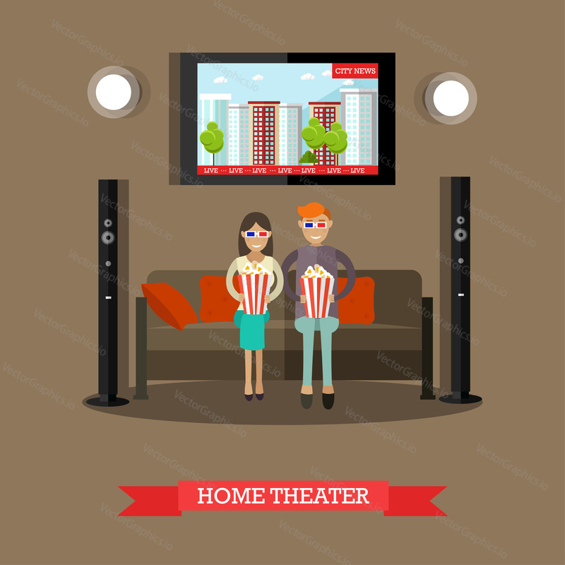 Vector illustration of young couple in 3d eyeglasses watching city news and eating popcorn. Home theater design element in flat style.