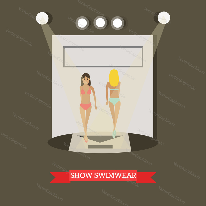 Векторная иллюстрация двух девушек-моделей, демонстрирующих купальники на подиуме на показе мод. Покажите элемент концептуального дизайна купальников в плоском стиле.