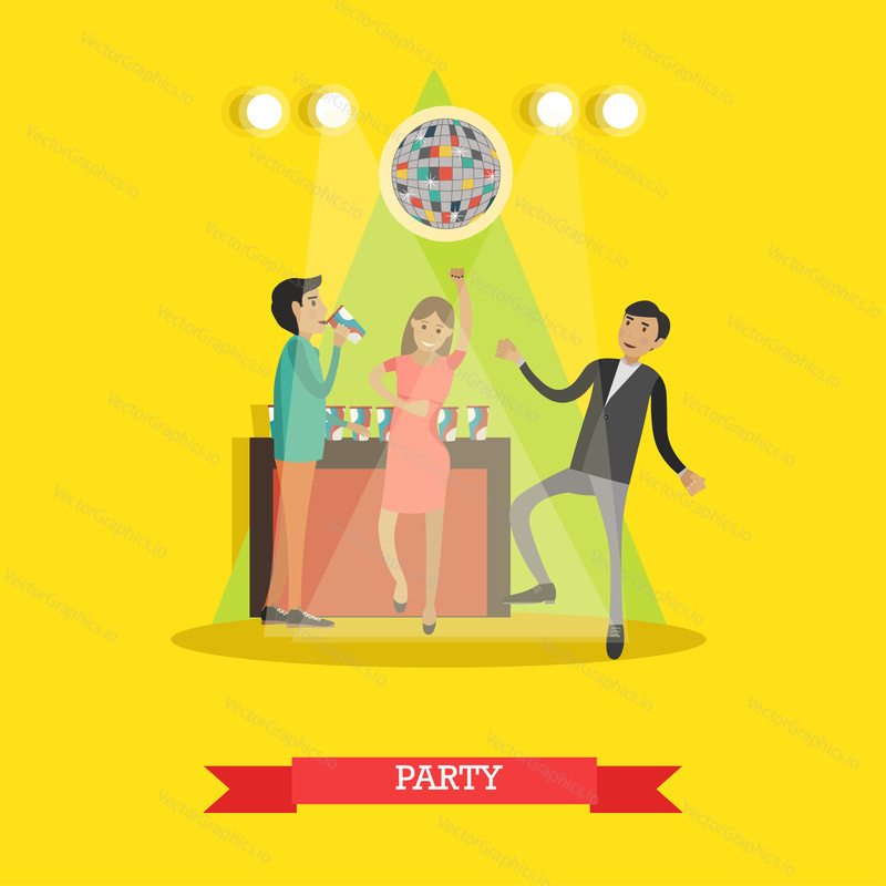 Vector illustration of happy students dancing and having fun. Disco party concept design element in flat style