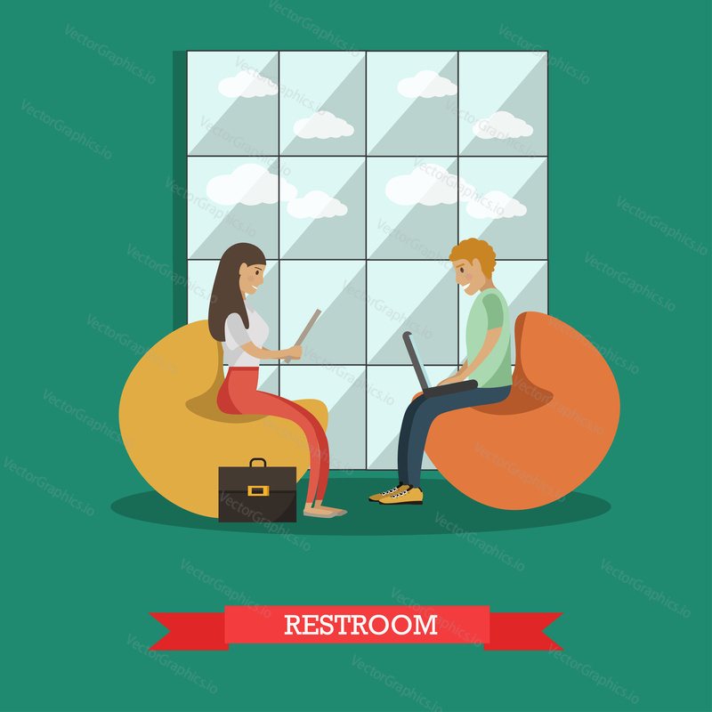 Vector illustration of university or college students relaxing in common room. Young people sitting on bean bag chairs and using gadgets. Flat style design.