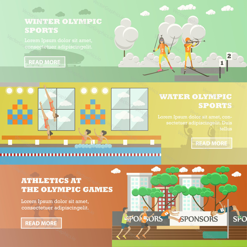 Vector set of olympic sports concept horizontal banners. Winter and water olympic sports, Athletics at the olympic games flat style design elements.
