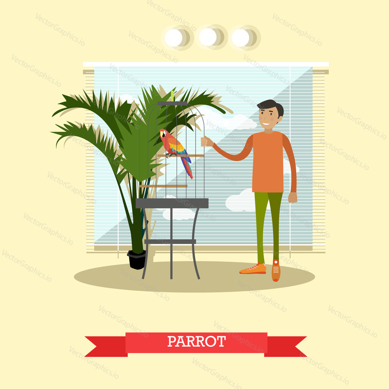 Vector illustration of young man standing next to bird cage with cockatoo. Buying a parrot flat style design element.