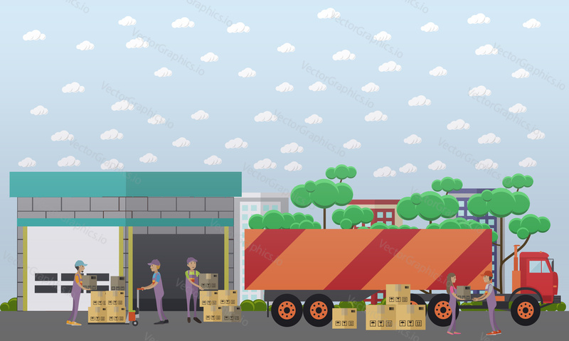 Векторная иллюстрация логистического склада. Рабочие-грузчики выгружают товары в картонных коробках из грузовика с элементами дизайна в плоском стиле.