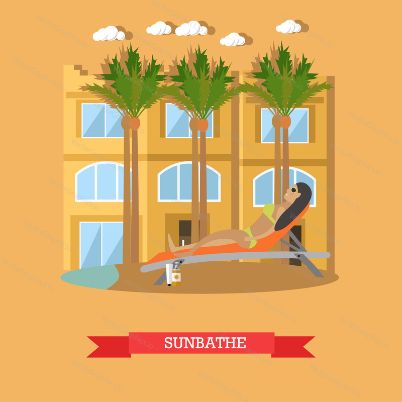 Vector illustration of woman sunbathing at resort swimming pool. Trip to Egypt concept flat style design element.