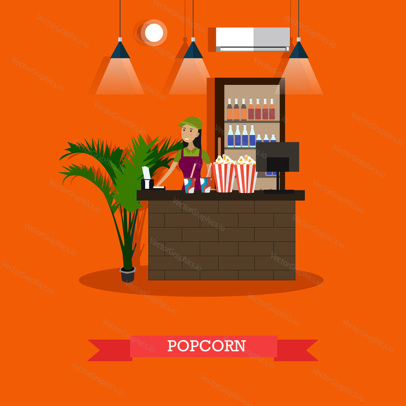 Vector illustration of cinema waiting hall and cafe with salesgirl. Popcorn concept design element in flat style.