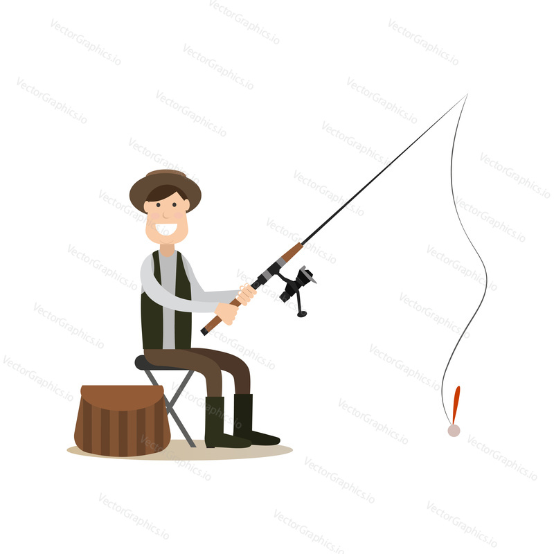 Vector illustration of fisherman catching fish while sitting on chair. Fisher with fishing rod flat style design element, icon isolated on white background.