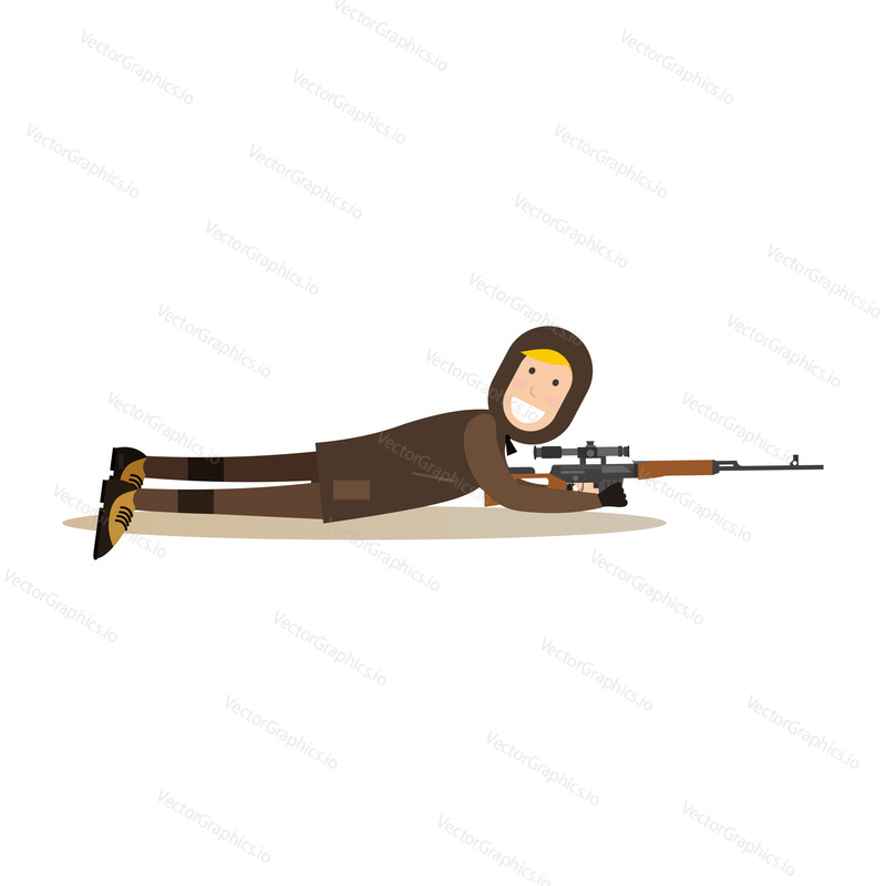Vector illustration of hunter with rifle laying on the ground. Hunter people flat style design element, icon isolated on white background.