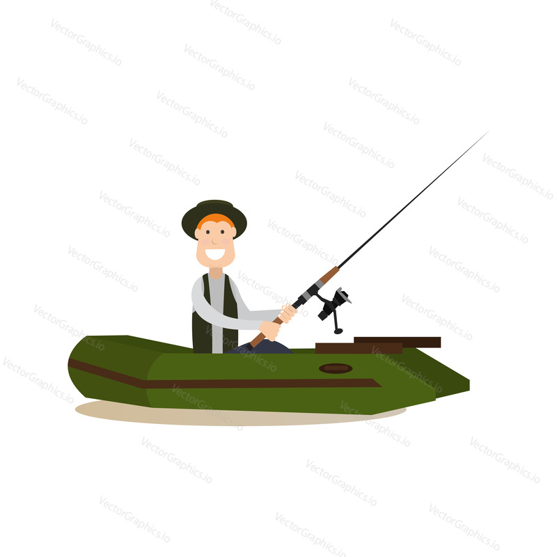 Vector illustration of man fishing while sitting in boat. Fisherman with fishing rod flat style design element, icon isolated on white background.