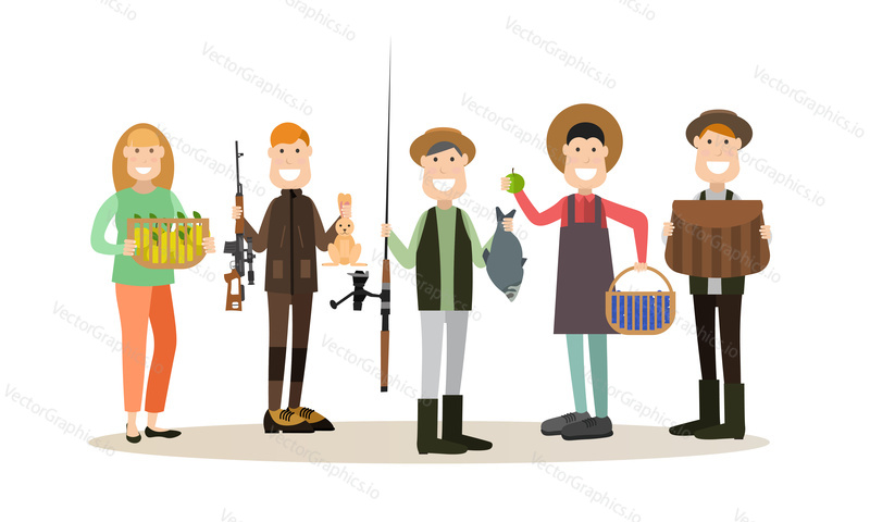 Vector illustration of hunter, fisher, man with blueberries and woman with apples. Hunter people flat style design elements, icons isolated on white background.