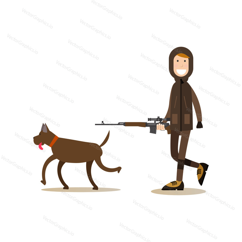 Vector illustration of hunter with rifle walking with his hunting dog. Hunter people flat style design element, icon isolated on white background.