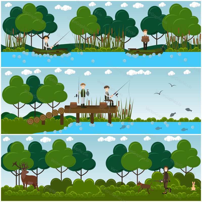 Vector set of hunter posters, banners with men hunting deer, fishing while sitting in boats and on pier. Flat style design.