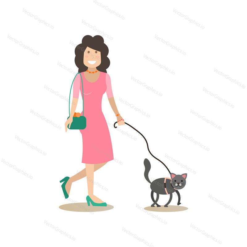 Vector illustration of woman walking with cat using pet leash. Pet owner and her kitten flat style design element, icon isolated on white background.