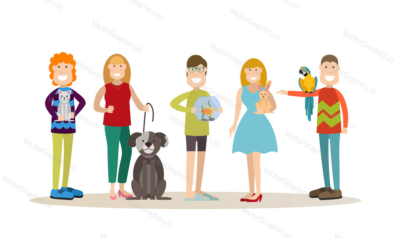 Vector set of people with their pets cat, dog, goldfish, rabbit and parrot cockatoo. Males and females pet owners flat style design elements, icons isolated on white background.