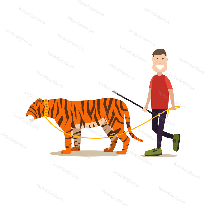 Vector illustration of male animal tamer holding whip in one hand and tiger leash in the other. Wild animal trainer with his tiger flat style design element, icon isolated on white background.
