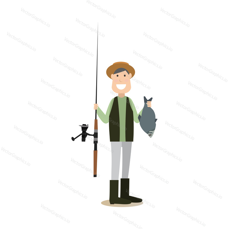Vector illustration of fisherman holding fish in one hand and fishing rod in the other. Hunter people flat style design element, icon isolated on white background.