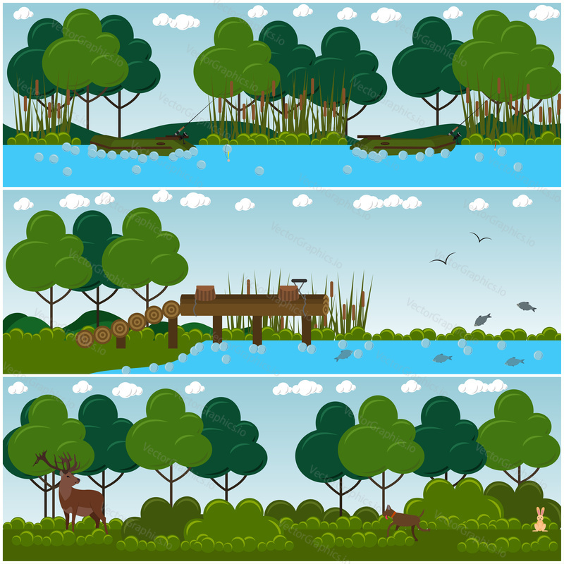 Vector set of hunter interior posters, banners. Nature landscape, places for hunting, fishing. Flat style design.