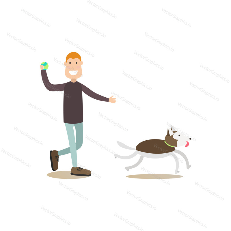 Vector illustration of man training his dog, playing with his four-legged friend using ball. Pet owner and his puppy flat style design element, icon isolated on white background.