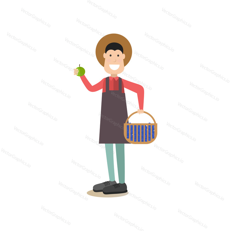 Vector illustration of man holding basket full of blueberries in one hand and apple in the other. Blueberry hunting season concept flat style design element, icon isolated on white background.