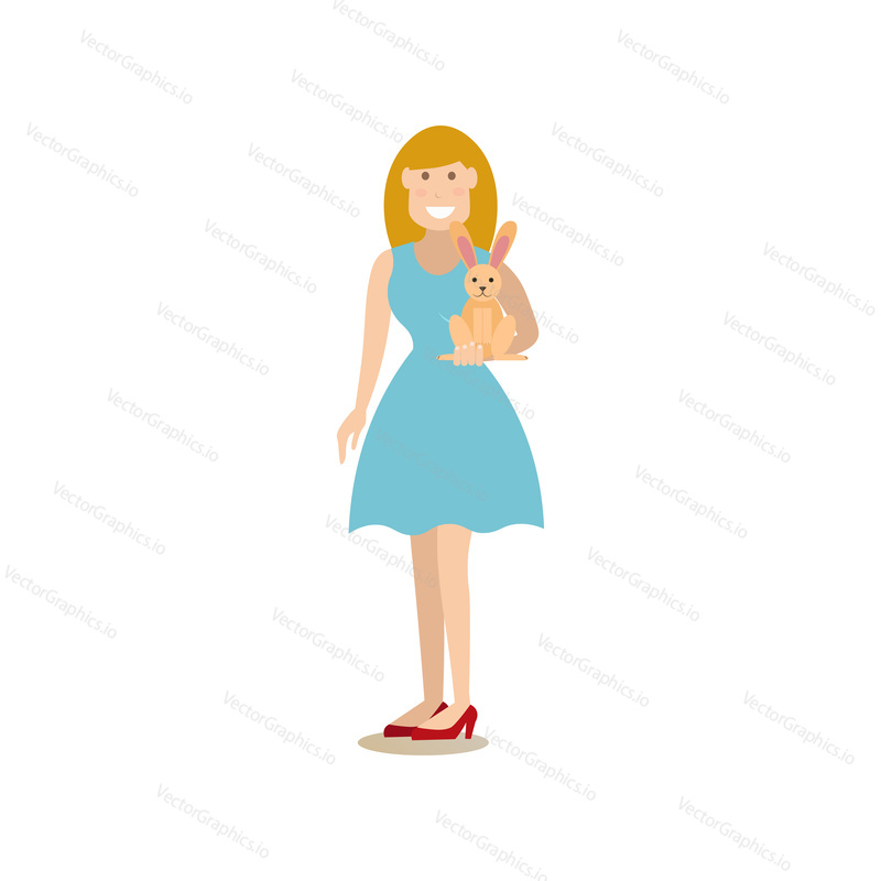 Vector illustration of woman holding domestic rabbit in her hand. Pet owner and her rabbit flat style design element, icon isolated on white background.