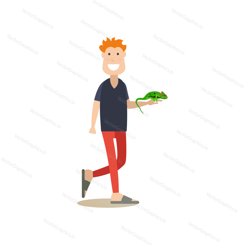 Vector illustration of man holding in his arm green lizard iguana. Pet owner and his pet reptile flat style design element, icon isolated on white background.