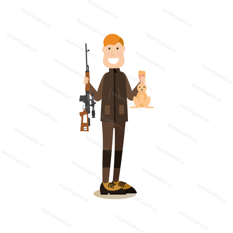 Vector illustration of hunter holding rabbit in one hand and rifle in the other. Hunter people flat style design element, icon isolated on white background.