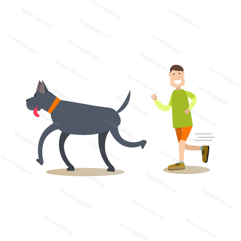 Vector illustration of man training his dog, running, playing with his four-legged friend. Pet owner and his puppy flat style design element, icon isolated on white background.