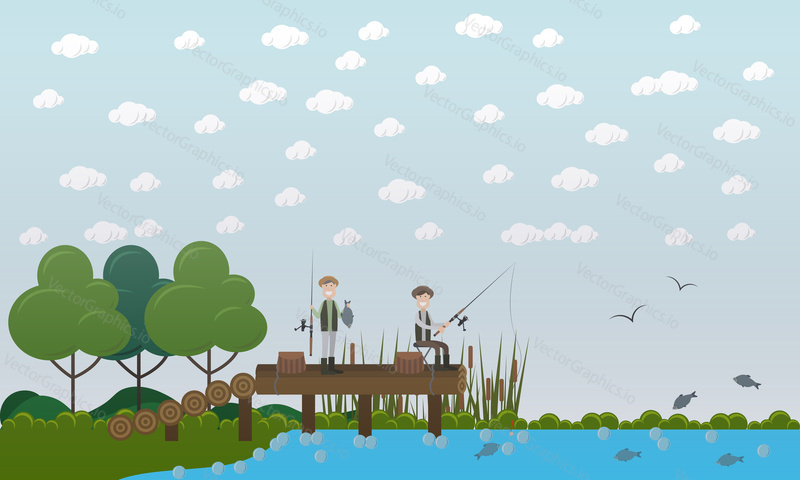 Vector illustration of fishermen catching fish on pier. One man fishing while sitting on chair and the other man holding big fish in one hand and fishing rod in the other. Flat style design.