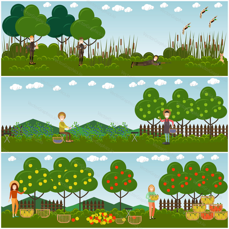 Vector set of hunter posters, banners with people hunting ducks, picking apples, blueberries. Hunting season concept flat style design elements.
