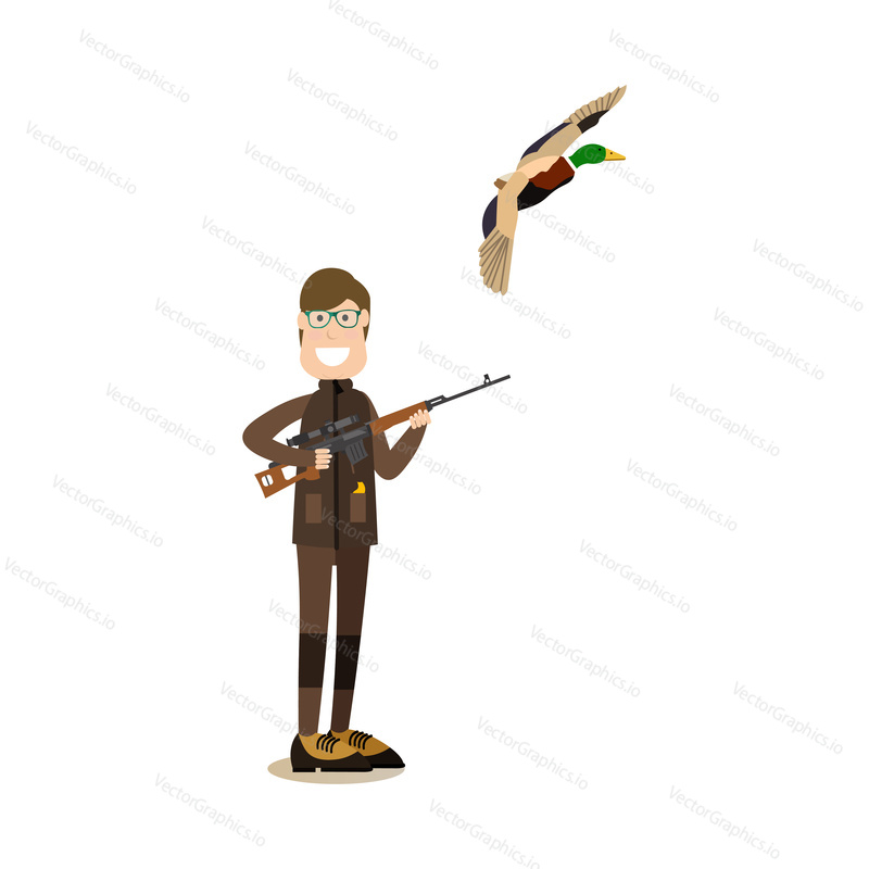 Vector illustration of hunter shooting flying wild duck. Hunter people flat style design element, icon isolated on white background.
