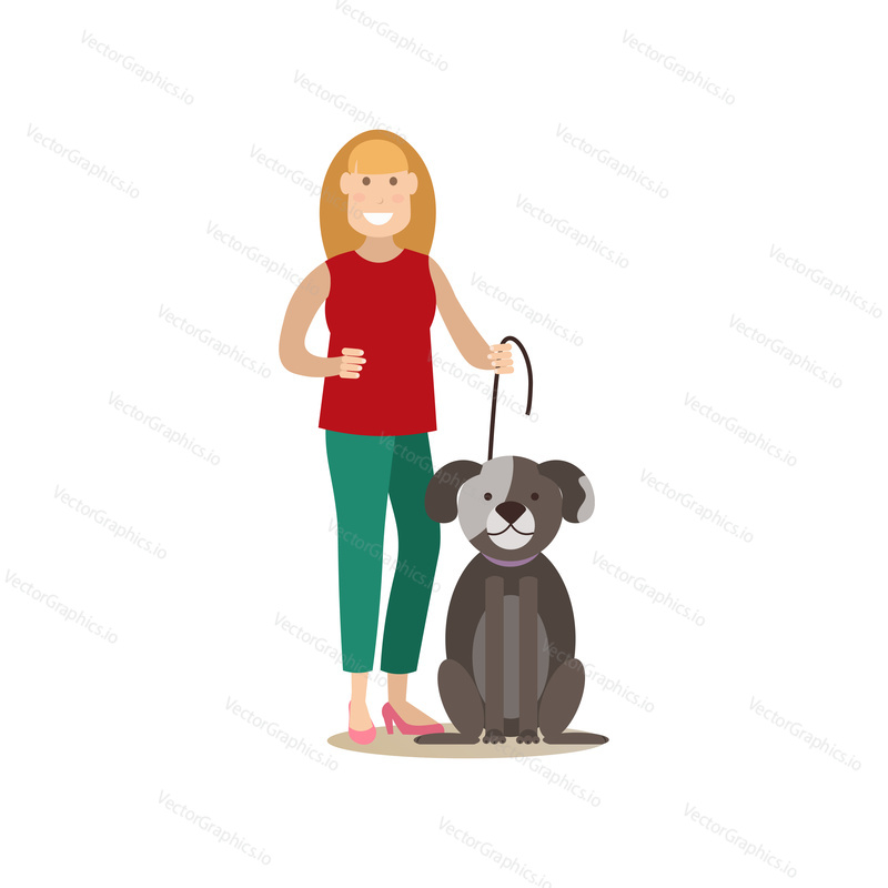 Vector illustration of woman with her dog, Pet owner and her puppy flat style design element, icon isolated on white background.