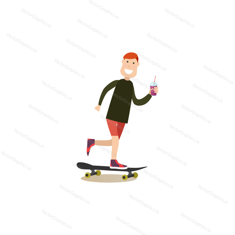 Vector illustration of happy young man riding skateboard. Street people flat style design element, icon isolated on white background.