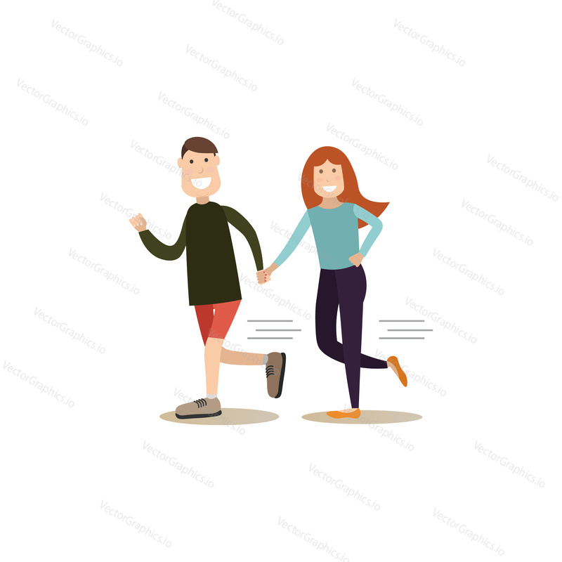 Vector illustration of happy loving couple running together while holding hands. People and relations concept flat style design element, icon isolated on white background.