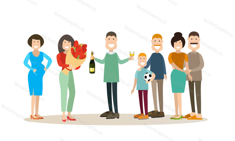 Group of family people, lovers. Pregnant woman, man and woman falling in love, father with his son, family couple. People and relations concept flat style design elements isolated on white background.