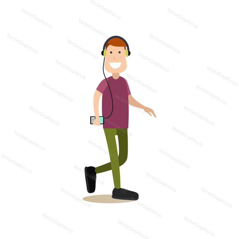 Vector illustration of man listening to music using headphones and mobile phone while walking in the street. Street people flat style design element, icon isolated on white background.