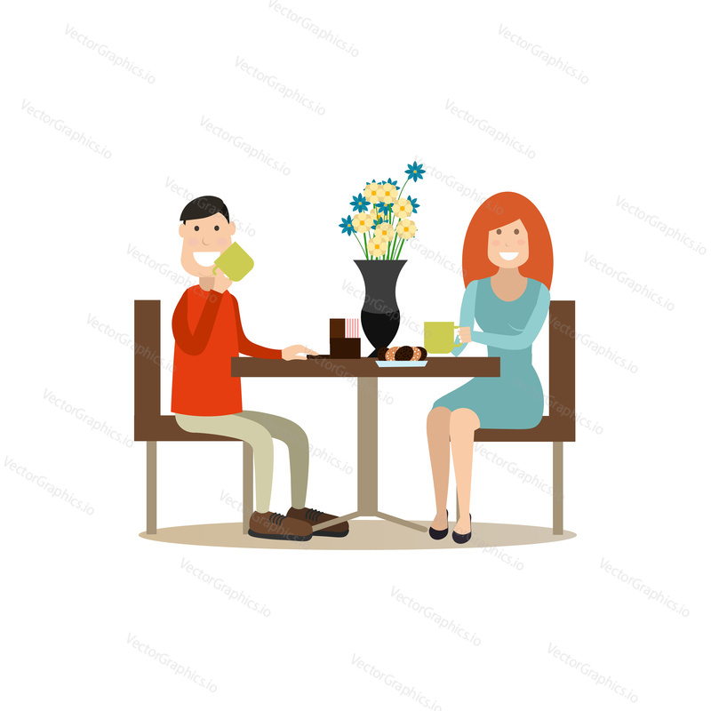 Vector illustration of loving couple in cafe or restaurant. People and relations concept flat style design element, icon isolated on white background.