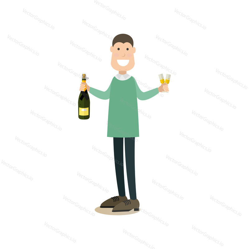 Vector illustration of happy man with bottle of champagne in one hand and wineglasses of champagne in the other. People and relations concept flat style design element isolated on white background.