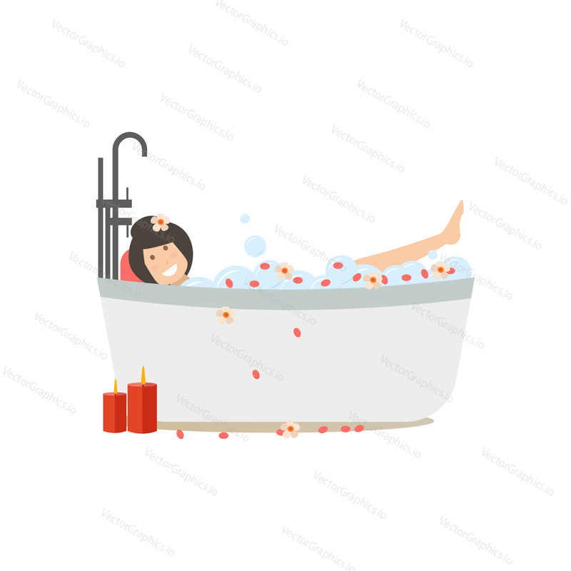 Векторная иллюстрация молодой женщины, наслаждающейся ароматическими банными процедурами. Элемент дизайна в плоском стиле Spa people, значок, выделенный на белом фоне.