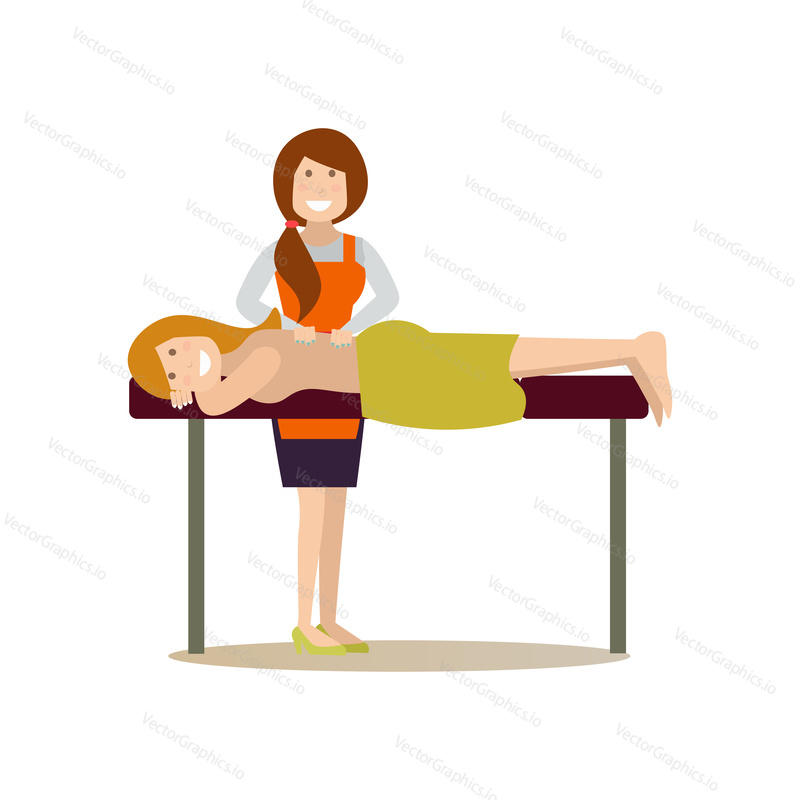 Vector illustration of woman enjoying relaxing back massage. Spa people flat style design element, icon isolated on white background.