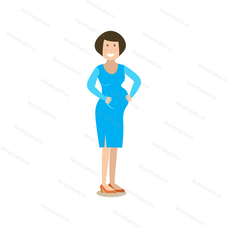Vector illustration of happy smiling pregnant woman caressing her belly. People and relations concept flat style design element, icon isolated on white background.