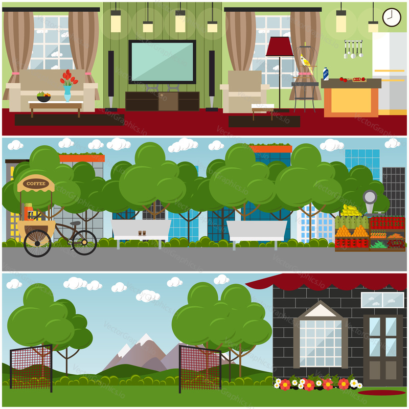 Vector set of posters or banners with living room, kitchen interior, park and country house where happy family couples taking rest together. Flat style design.