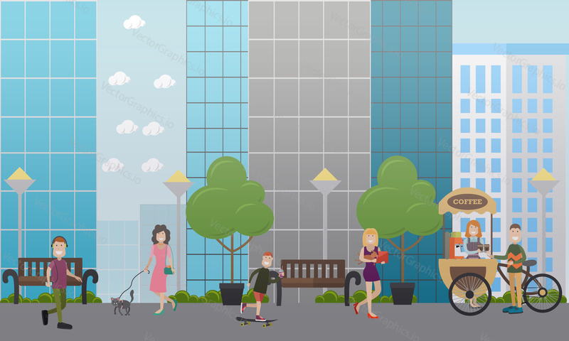 Vector illustration of people walking in the street with their pets dog and cat. Flat style design.