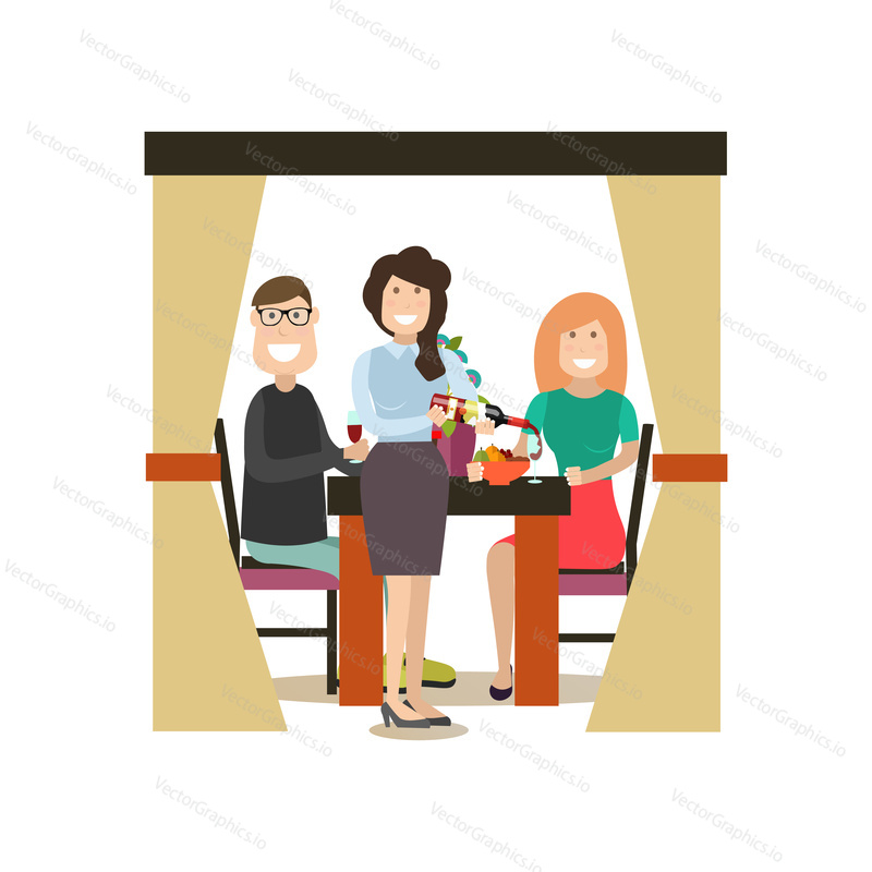 Vector illustration of waitress pouring glasses of red wine to visitors male and female sitting at table in sidewalk cafe. Street people flat style design element, icon isolated on white background.