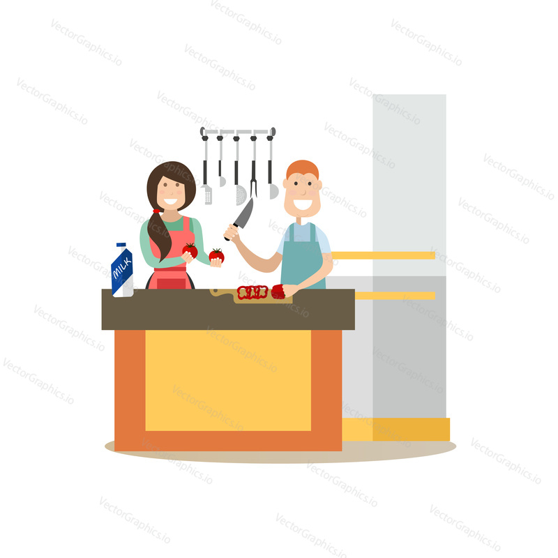 Vector illustration of young couple man and woman cooking together in kitchen. People and relations concept flat style design element, icon isolated on white background.