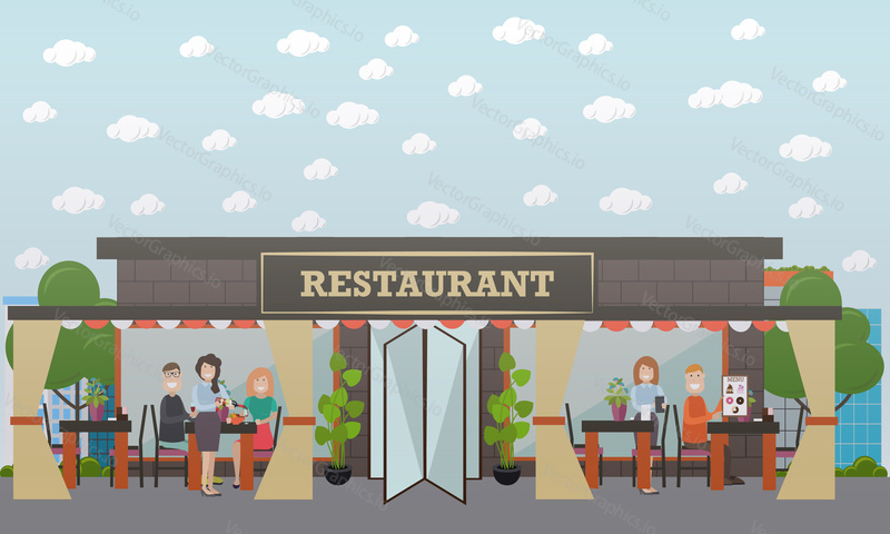Векторная иллюстрация уличного ресторана или кафе. Официантки принимают заказ, подают вино посетителям, сидящим за столом. Дизайн в плоском стиле.